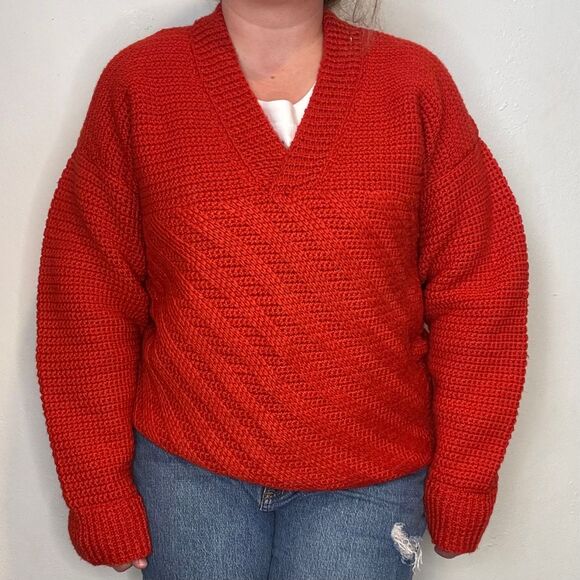 Vintage Heavy Orange Hand Knit Fall Winter Women's V-Neck 70s Sweater Hippie - Picture 1 of 8